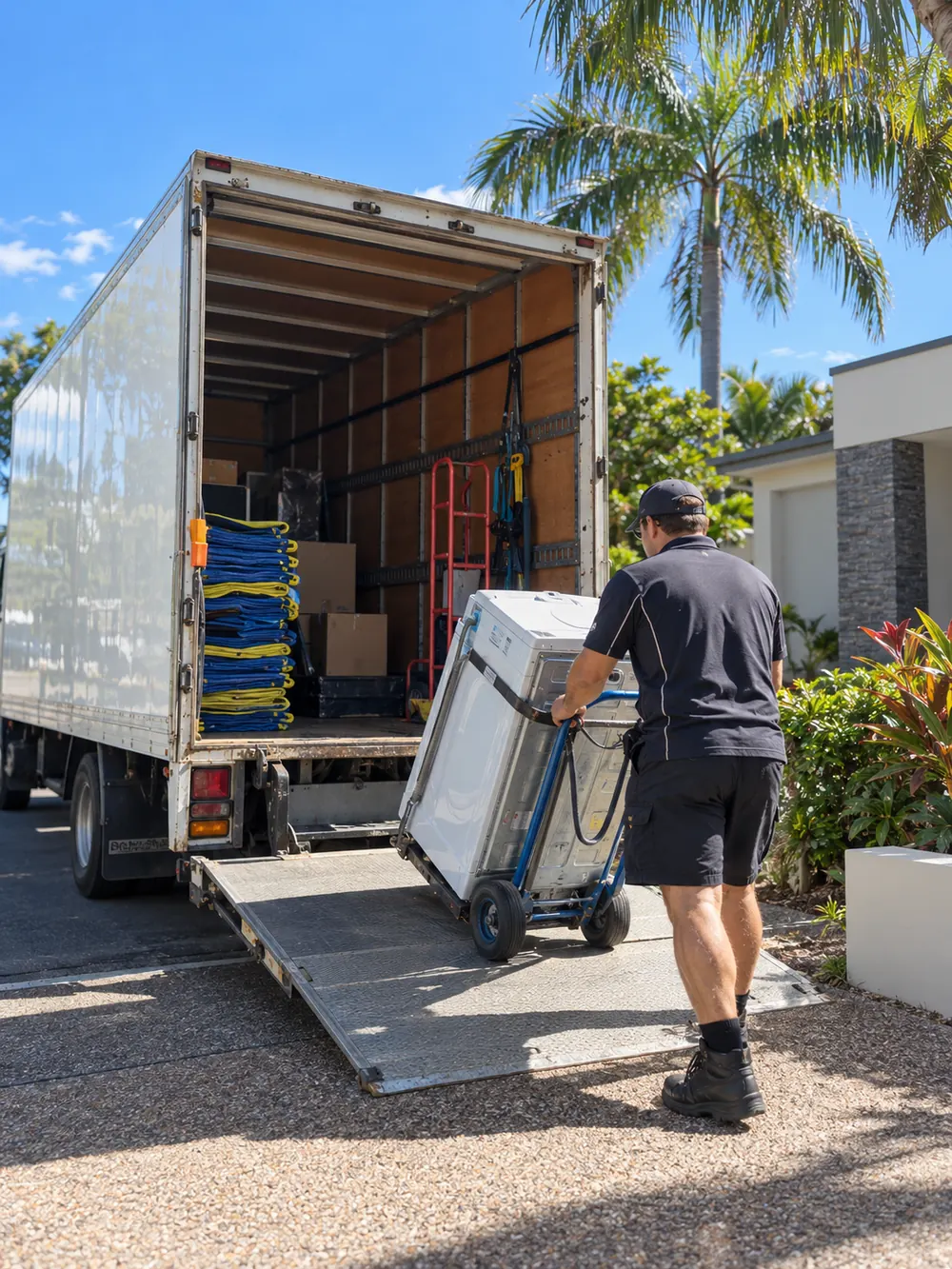 Delivery worker unloading an appliance from a box truck at a Queensland property