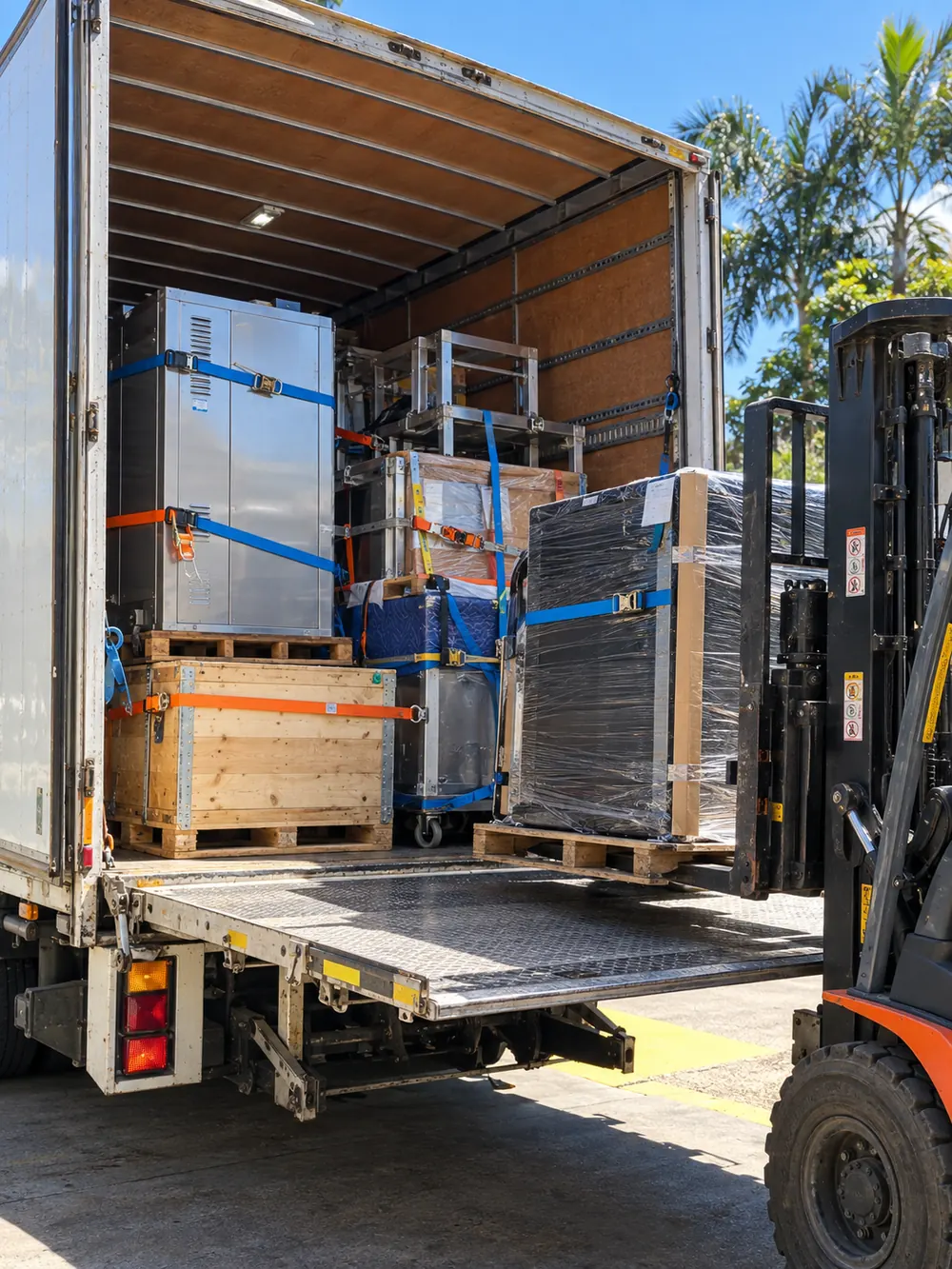 Industrial freight and machinery secured inside a box truck during loading